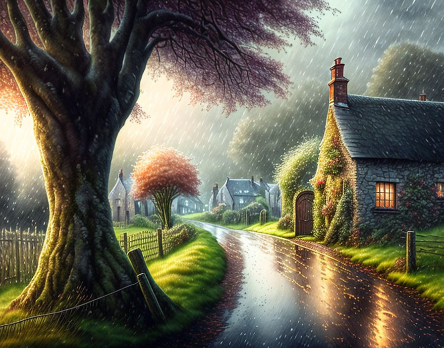 Rural landscape with ivy-covered cottage, tree, and rainy sky