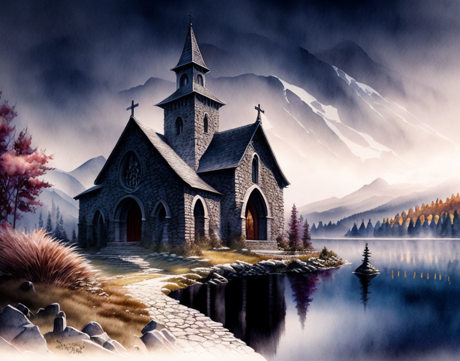 Tranquil watercolor: old stone church by calm lake