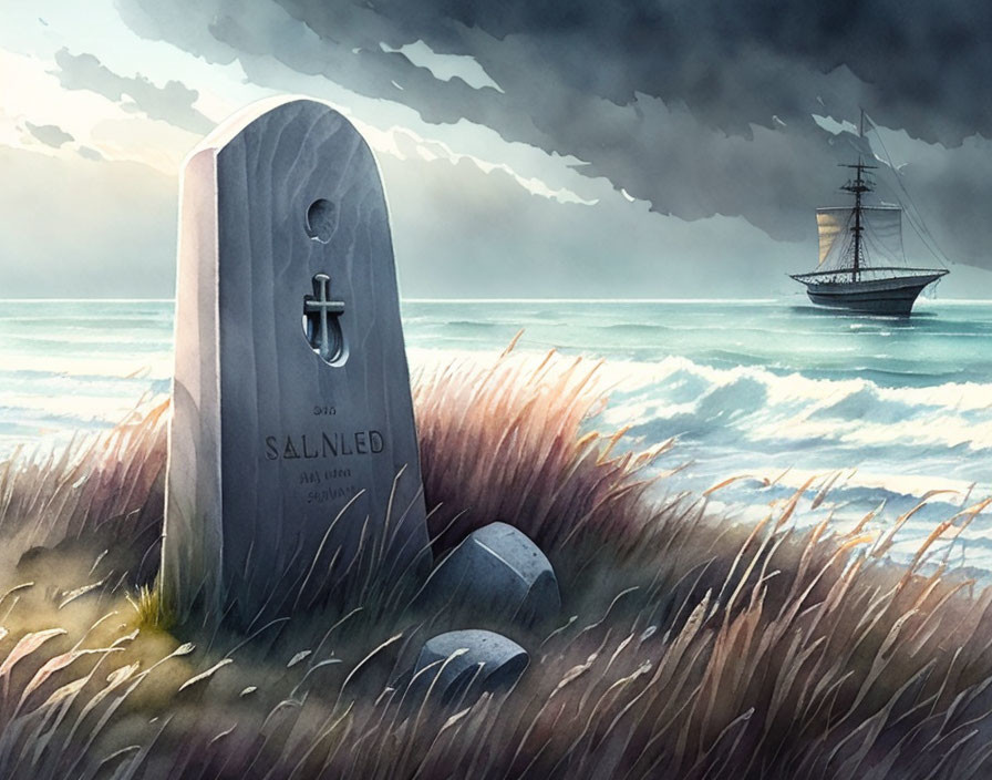 Gravestone with cross by stormy sea, ship in distance, under cloudy sky.