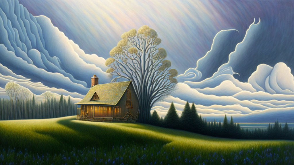 Surreal landscape painting with cozy cottage, large tree, whimsical clouds, serene meadow,