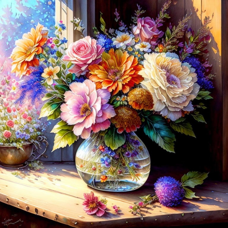 Colorful Flower Bouquet in Glass Vase on Wooden Ledge with Sunlight Glow