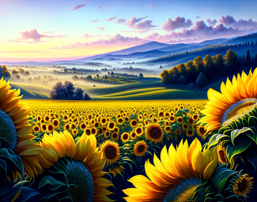 Colorful Sunrise Sky Over Sunflower Field and Rolling Hills