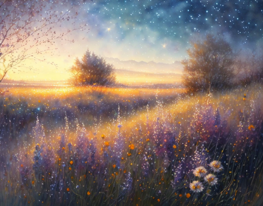 Tranquil twilight landscape with starry sky and wildflowers at sunrise or sunset