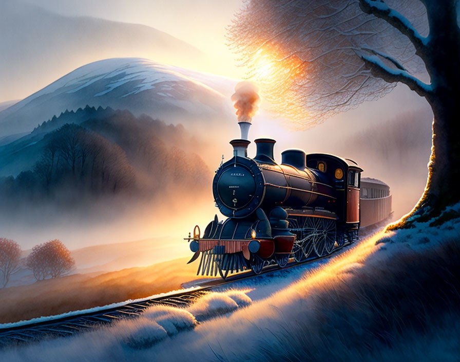 Vintage steam train in snowy landscape at dusk with warm glowing light.