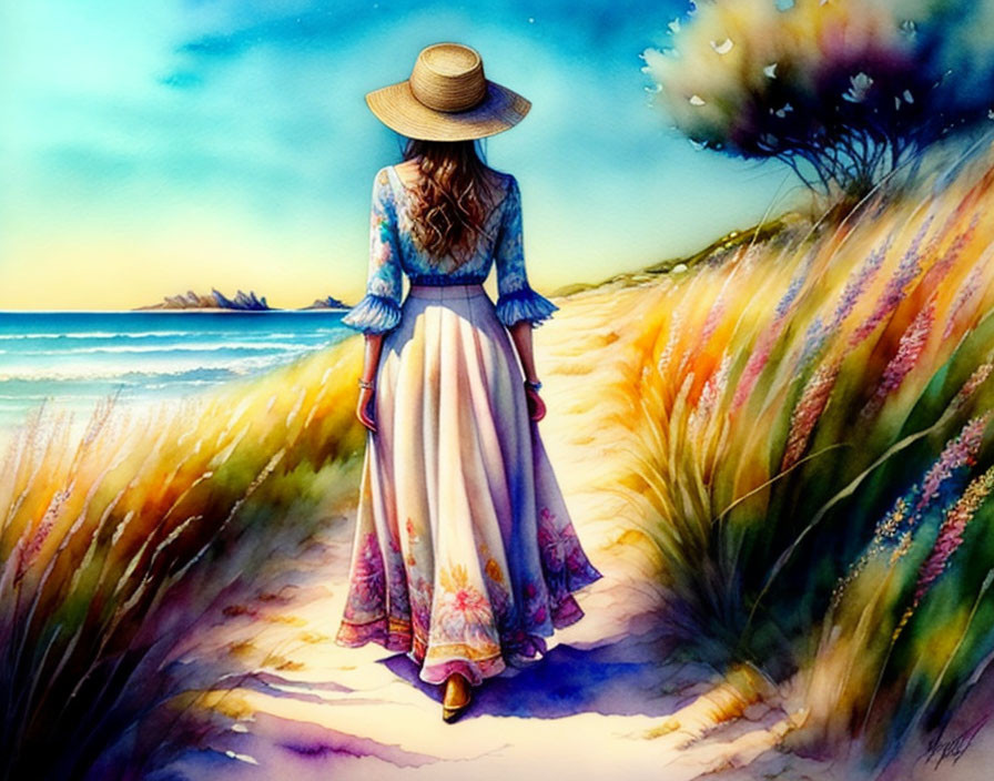 Woman in floral dress and straw hat admiring vibrant seascape at sunset