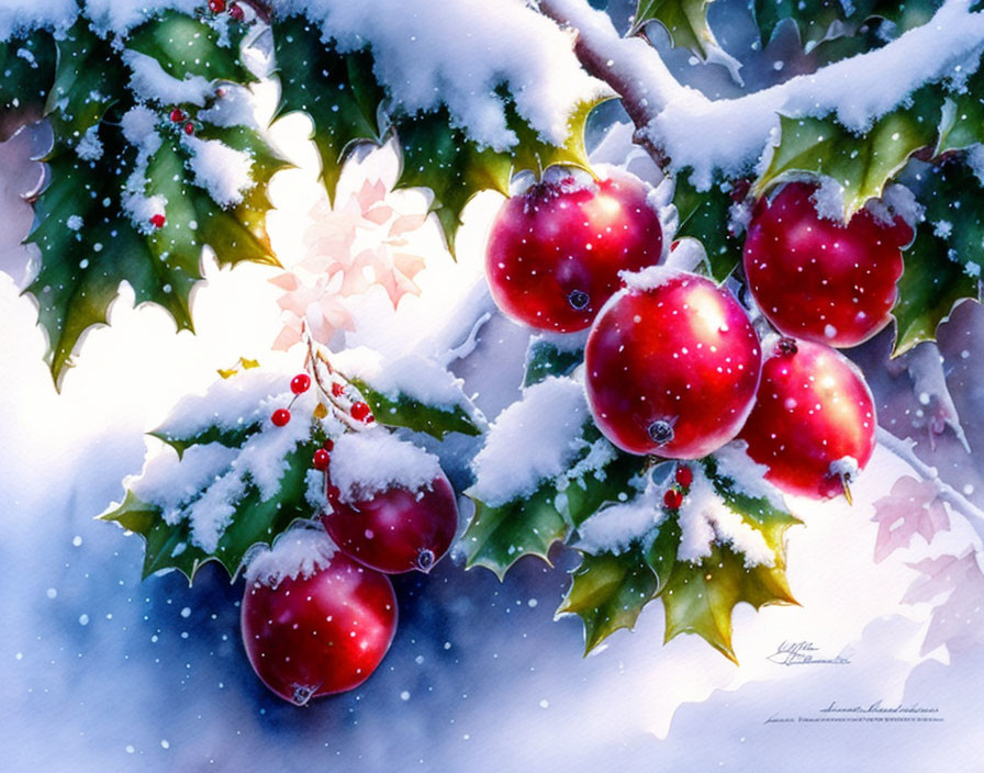 Snow-covered holly leaves and red berries in winter sunlight