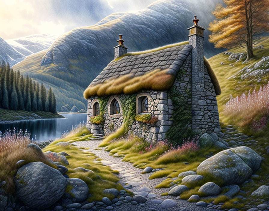 Stone cottage with thatch roof in serene valley by lake, mountains & greenery at sunset