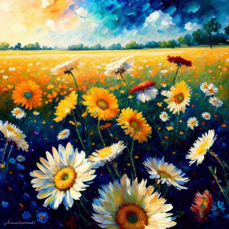 Colorful field with sunflowers and daisies under cloudy sky