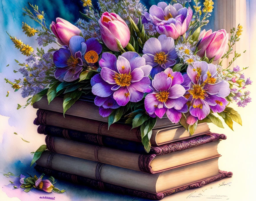 Purple and Pink Flowers on Stack of Old Hardcover Books with Ambient Lighting