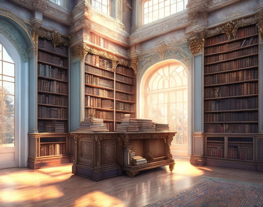 Classical library with large windows and ornate bookshelves