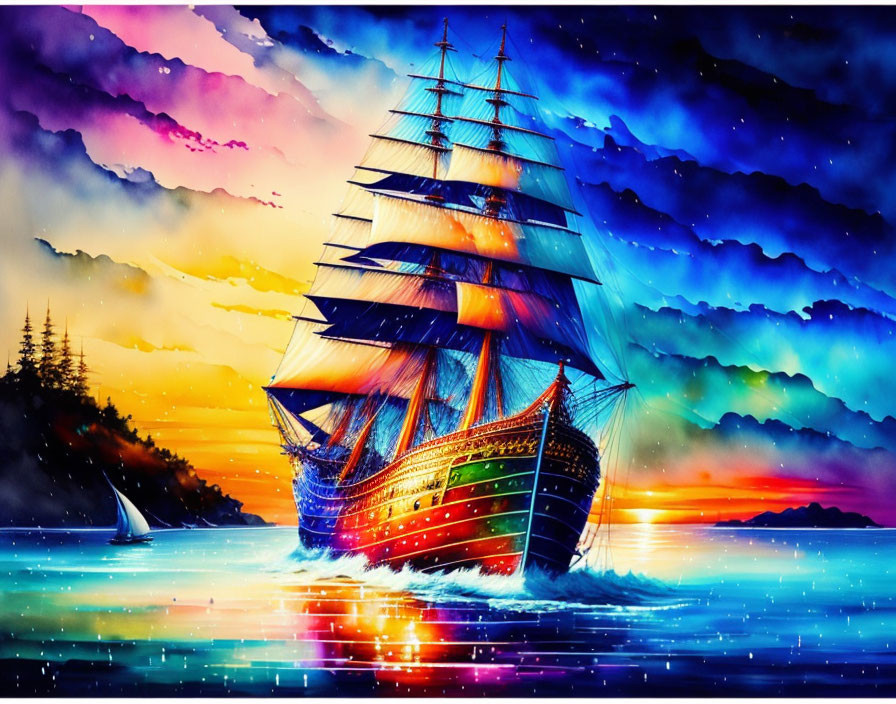 Colorful painting of tall ship on sunset waters with smaller boat