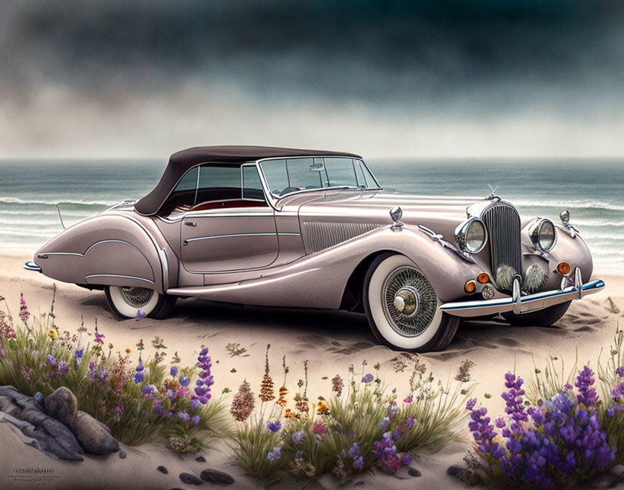 Vintage Luxury Car with Chrome Detailing on Sandy Beach with Stormy Skies and Purple Wildflowers