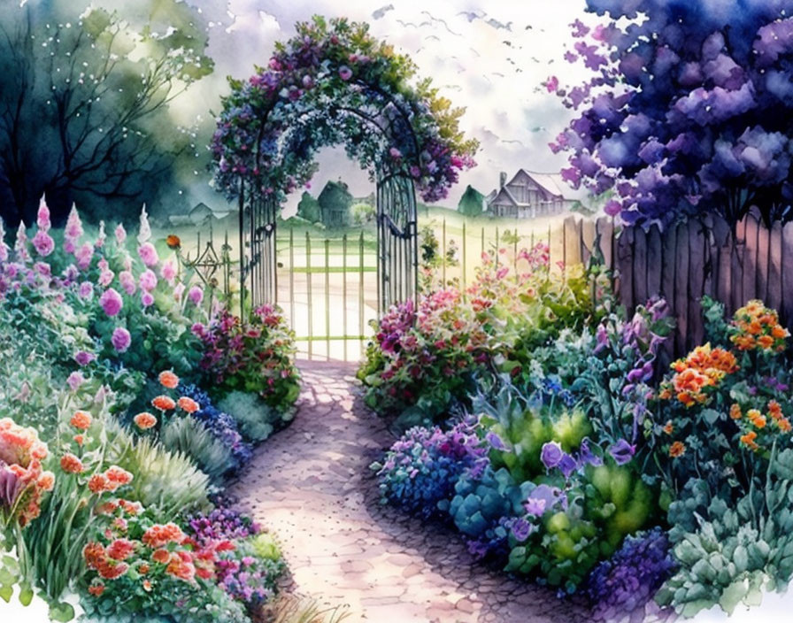 Vibrant flower-lined garden path with archway and meadow view