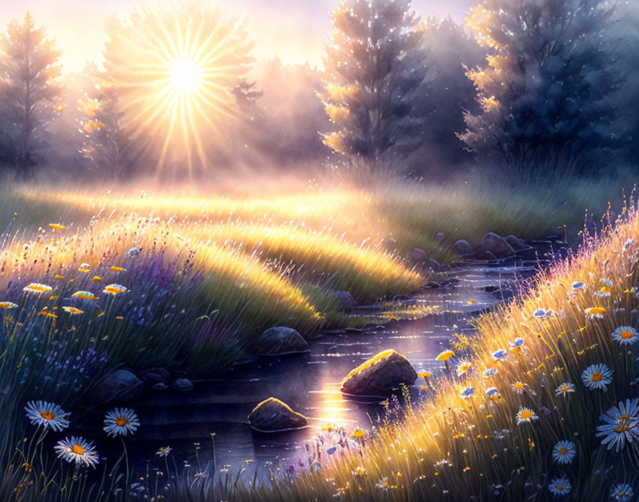 Sunlit Meadow with Blooming Flowers, Stream, and Woodland Trees