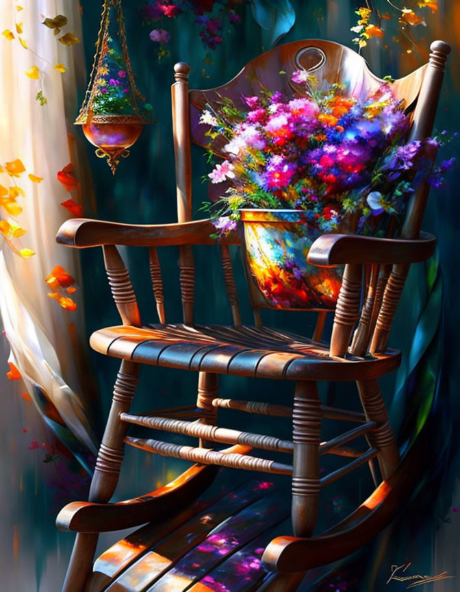 Colorful painting of wooden rocking chair with bouquet in sunlight