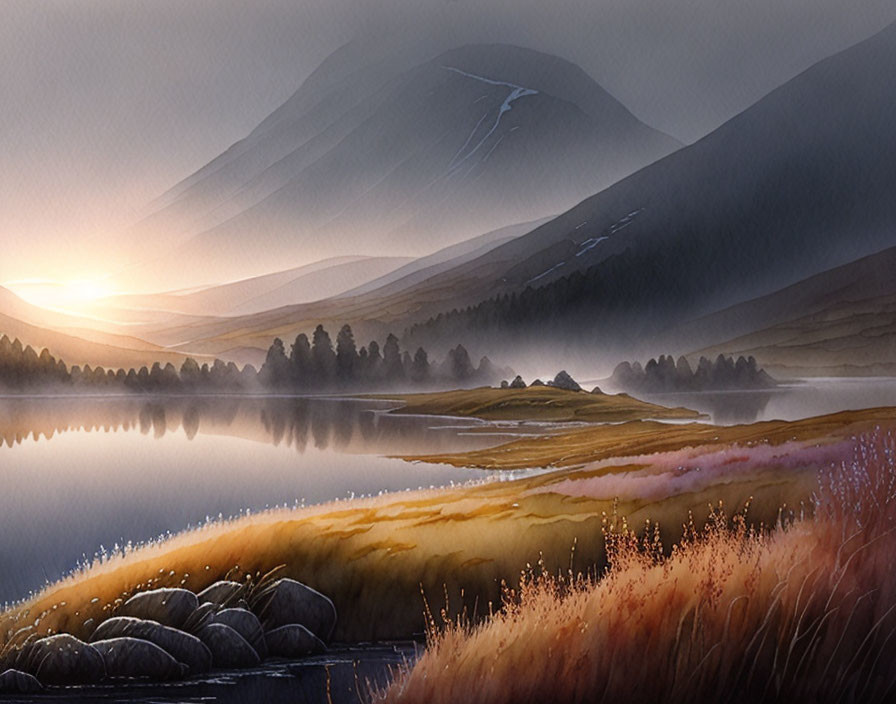 Tranquil lake scene with misty mountains and trees