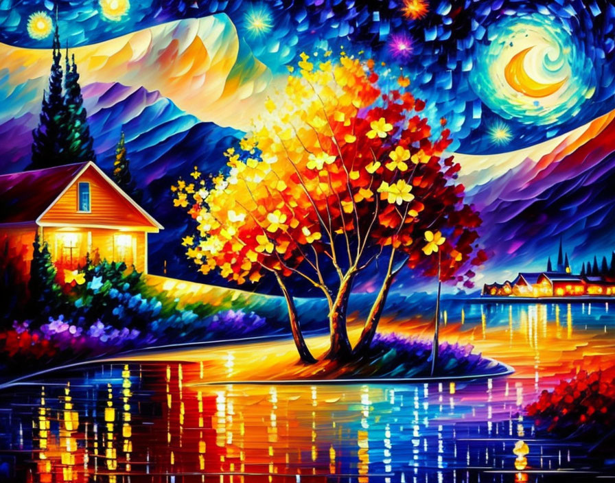 Vibrant painting of starry night sky over river house, autumn trees.