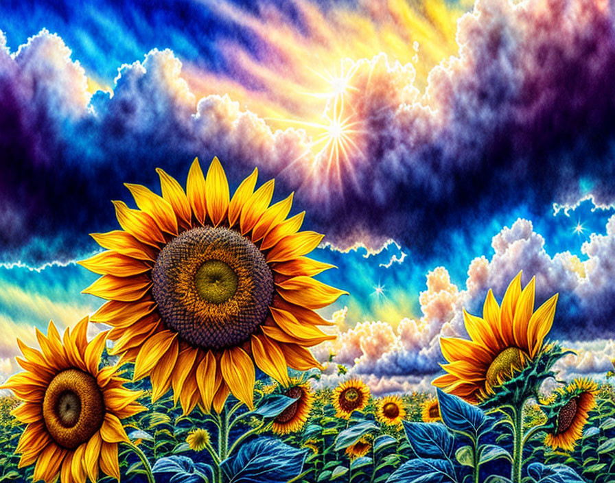 Colorful sunflower illustration under dramatic sky with sun, clouds, and stars.