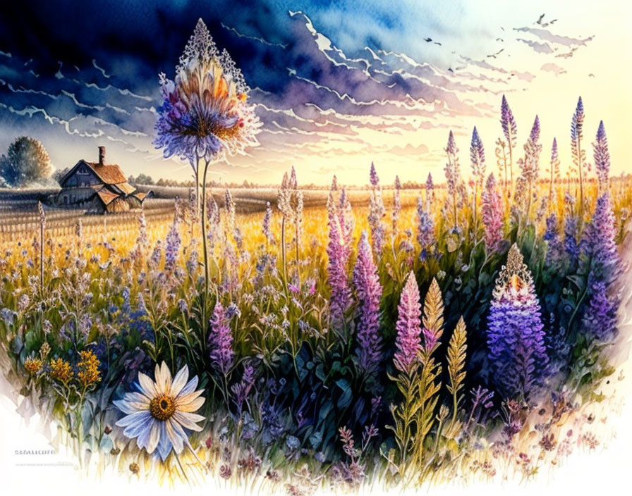 Colorful Flowers, Quaint House, Dramatic Sky: Vibrant Countryside Scene