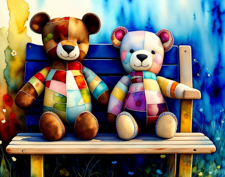 Colorful Patchwork Teddy Bears on Wooden Bench with Blue and Yellow Background