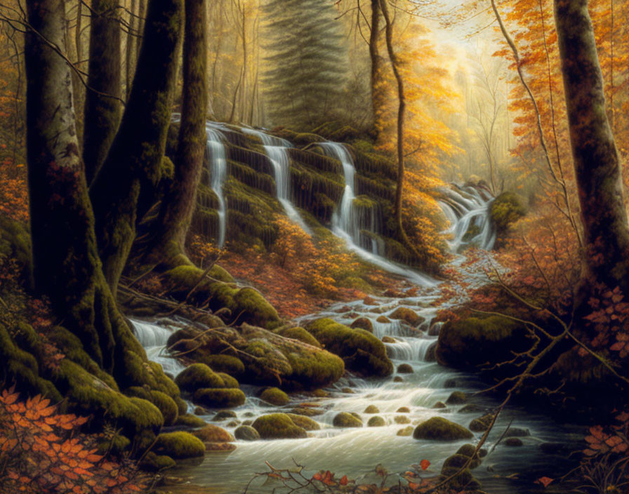 Tranquil autumn waterfall in forest with golden leaves