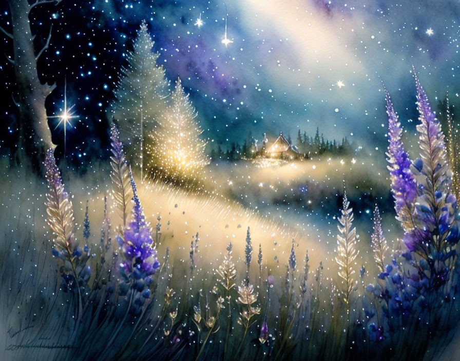 Scenic watercolor: starry night, glowing flowers, cozy cottage