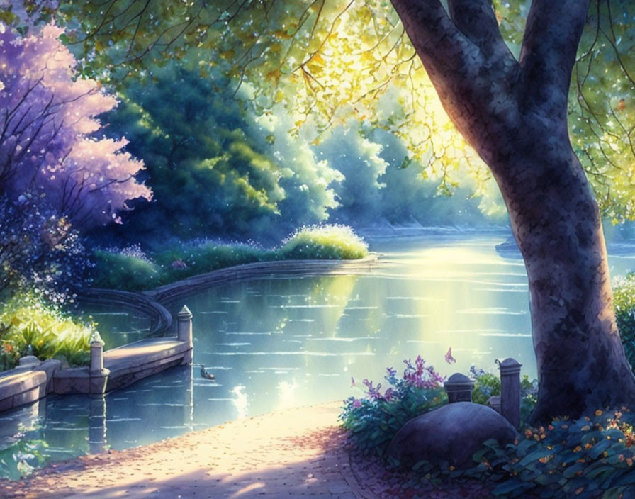 Tranquil lakeside landscape with greenery, blossoming tree, stone pathway, and ethereal