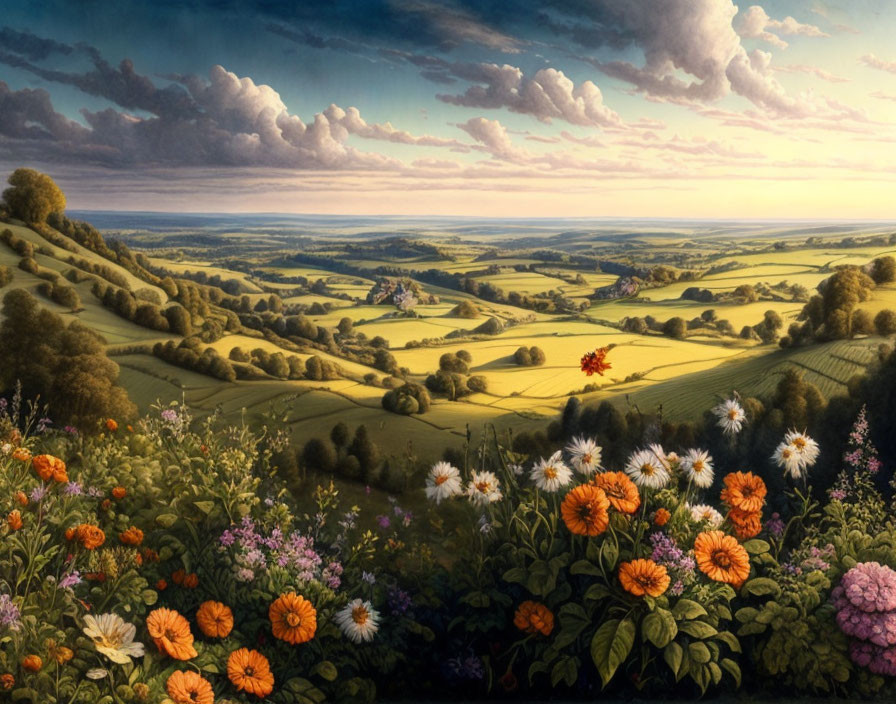 Tranquil landscape with rolling hills, lush greenery, trees, and colorful flowers