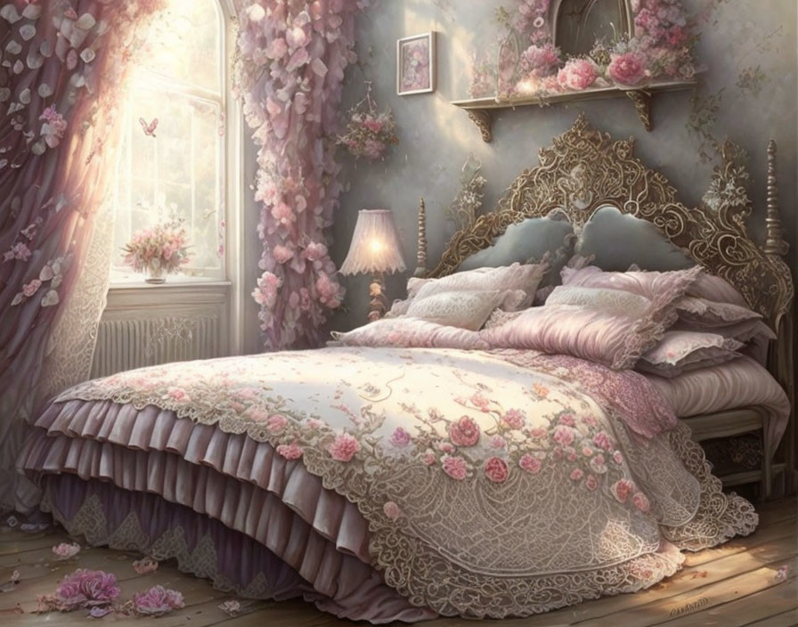 Baroque-style bedroom with pastel pink bedding and floral decor