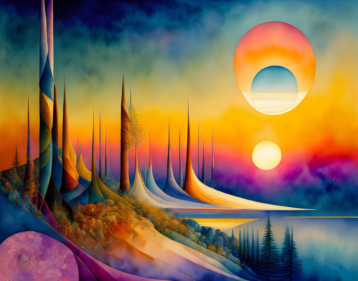 Colorful surreal landscape with spire-like structures, multiple suns, and reflective water.