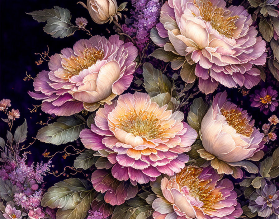 Pink and Purple Peonies with Yellow Centers on Dark Background