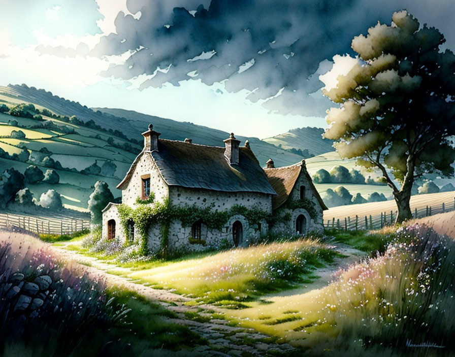 Stone cottage with thatched roof in green hills and blooming flowers