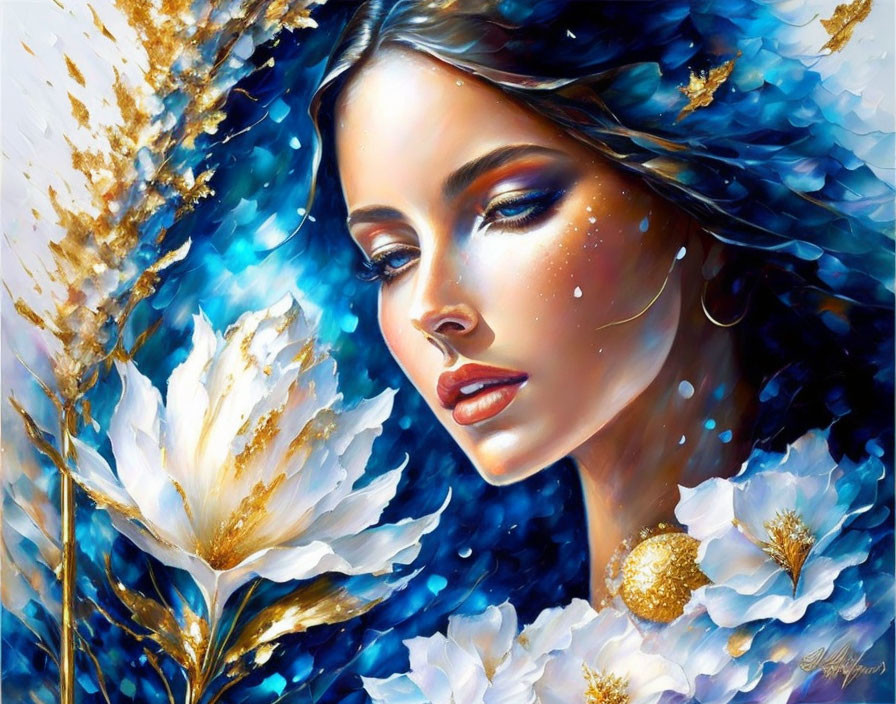 Colorful Artwork: Woman in Blue with Golden Accents & White Flowers