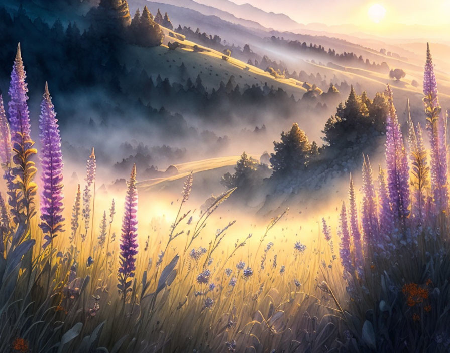 Tranquil Sunrise Landscape with Lupines and Winding Road