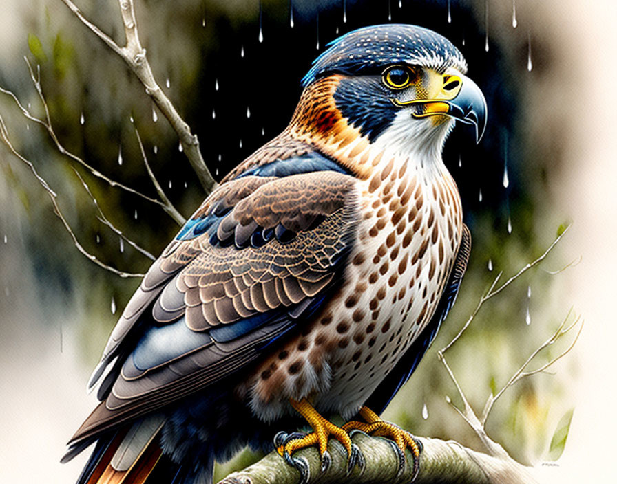 Detailed Illustration: Peregrine Falcon Perched in Rain with Sharp Beak & Striking Plum