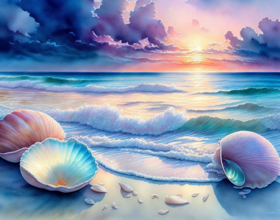 Colorful sunset beach painting with seashells and gentle waves