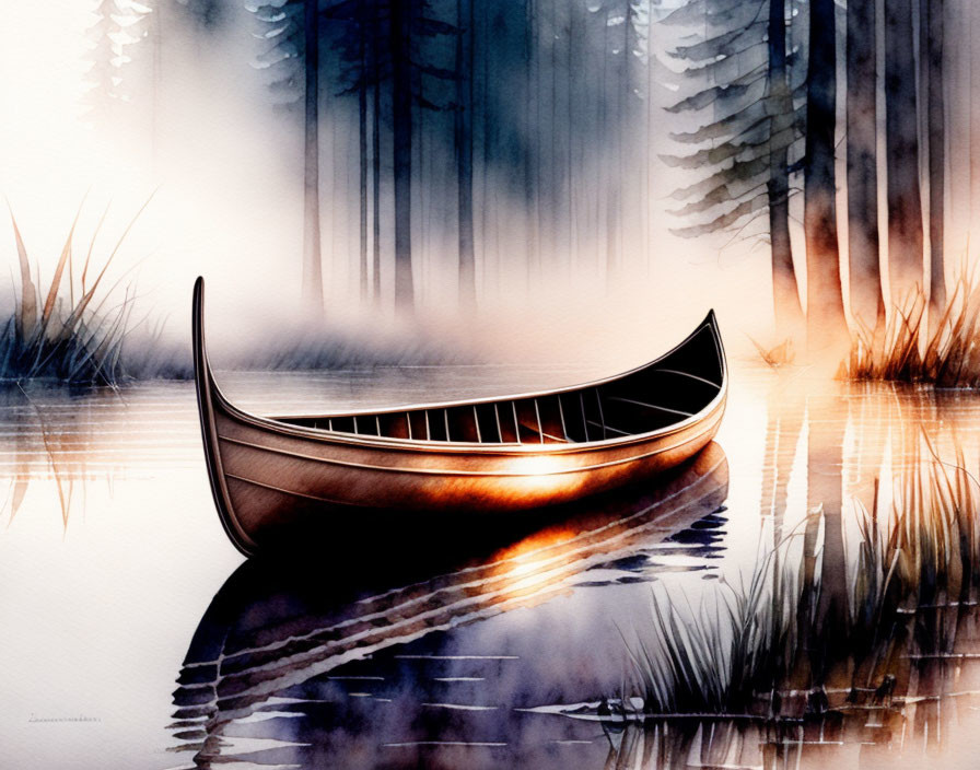 Tranquil watercolor: lone canoe on calm lake with misty woods & warm light