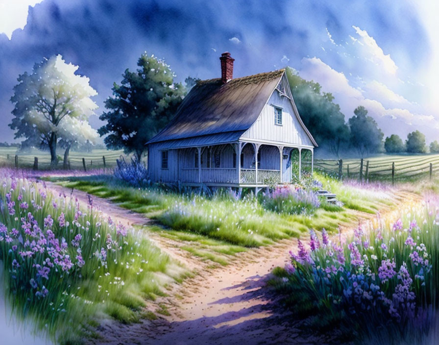 Serene countryside cottage with porch, lush greenery, purple flowers, and winding dirt path