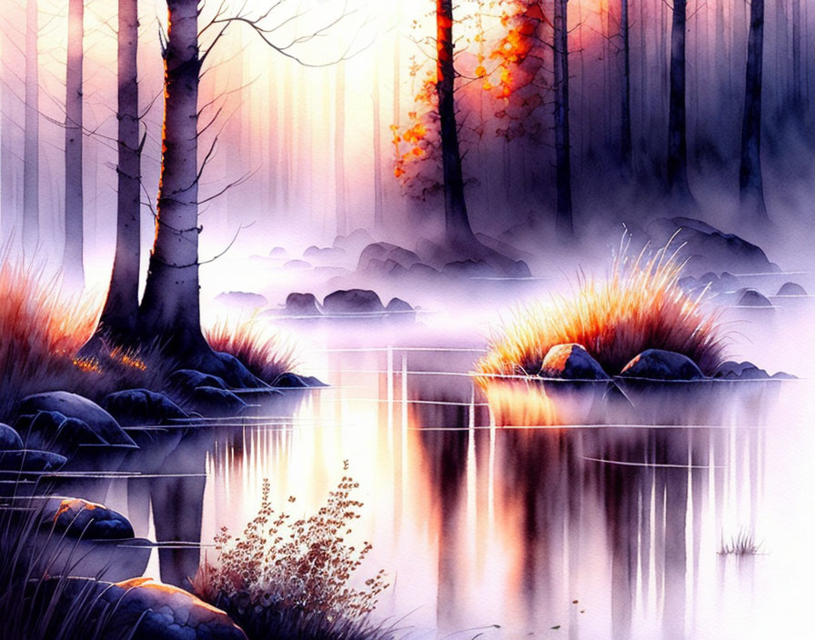 Tranquil forest and reflective lake in watercolor