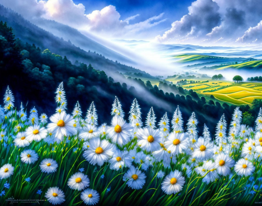 Scenic landscape with white daisies, green hills, and sunrays in sky