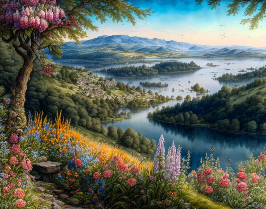 Tranquil lake landscape with vibrant flower hillside