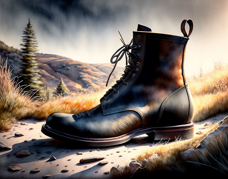 Realistic drawing of polished black boot in serene wilderness