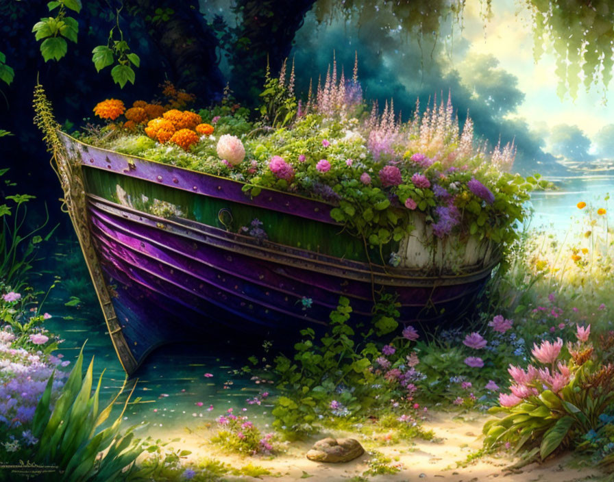 Colorful Flowers Overgrown on Old Wooden Boat by Tranquil Riverbank