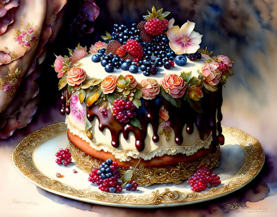 Decadent cake with berries, chocolate, flowers, and intricate icing on ornate plate