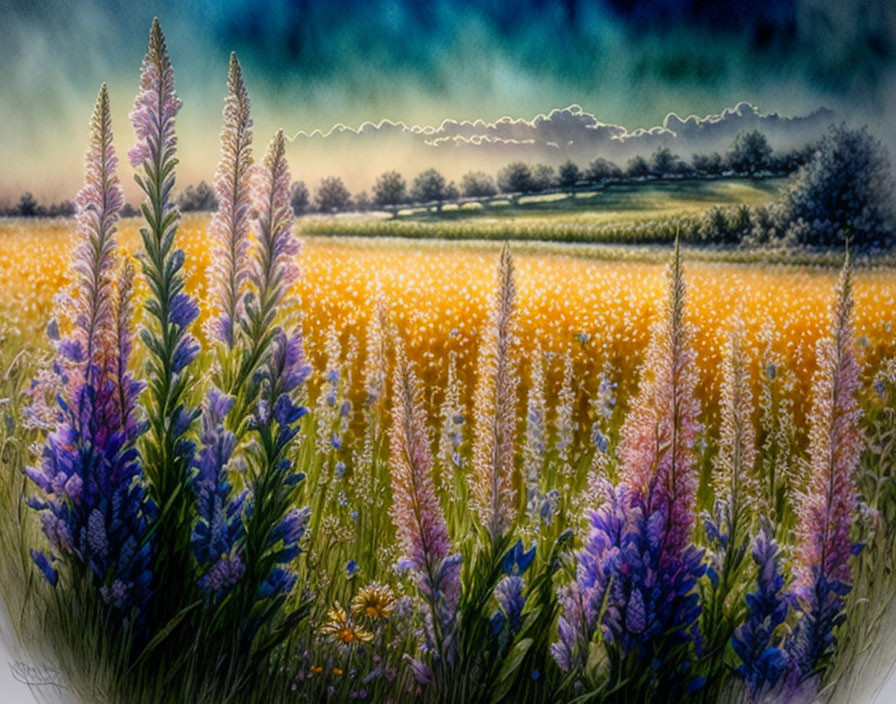 Colorful Field Painting with Lupines and Cloudy Sky