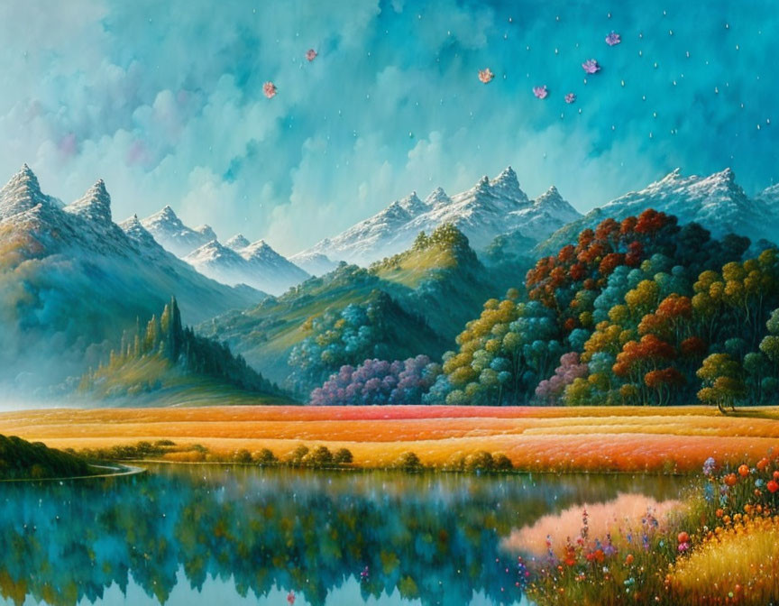 Colorful Landscape Painting: Serene Valley with River and Snow-Capped Mountains