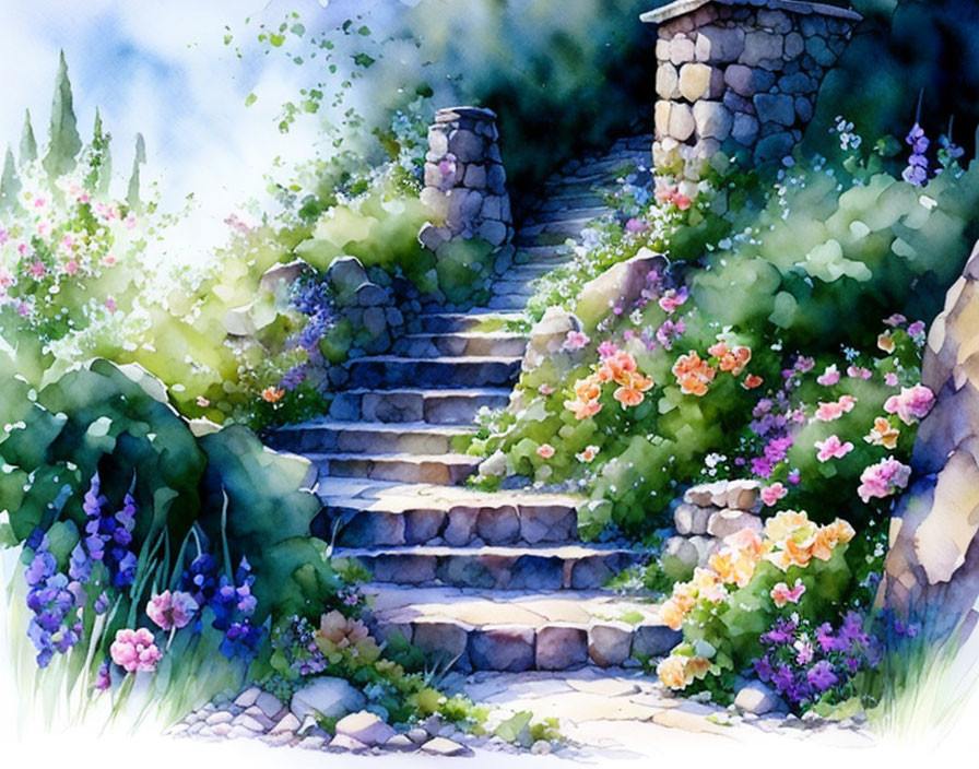 Lush garden with colorful flowers and stone staircase