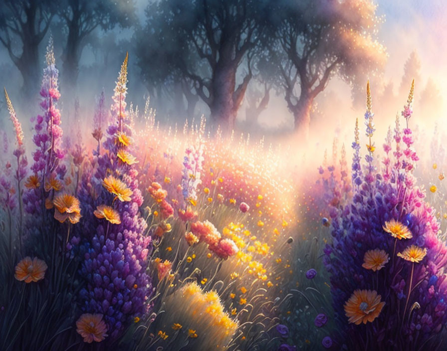 Purple and Orange Flowers in Sunlit Field with Misty Trees