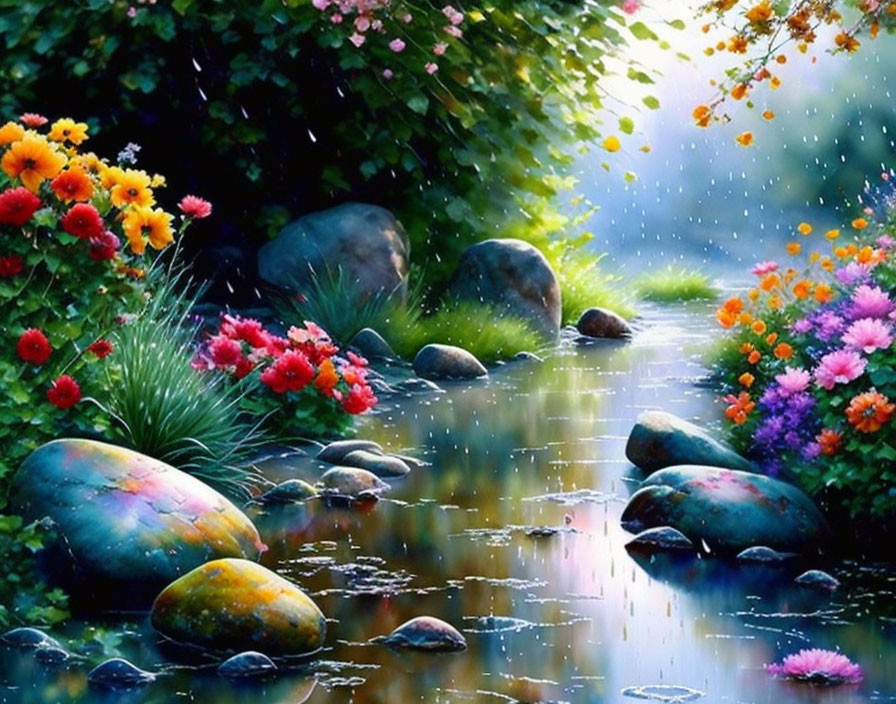 Tranquil river scene with colorful flowers, smooth stones, and gentle sunlight