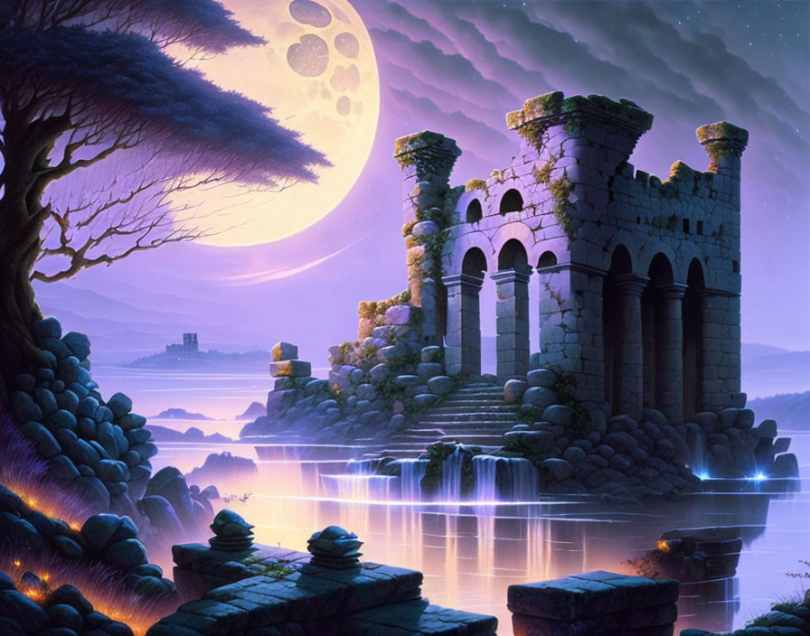 Mystical night landscape with ancient ruins, full moon, starry sky, waterfalls, distant